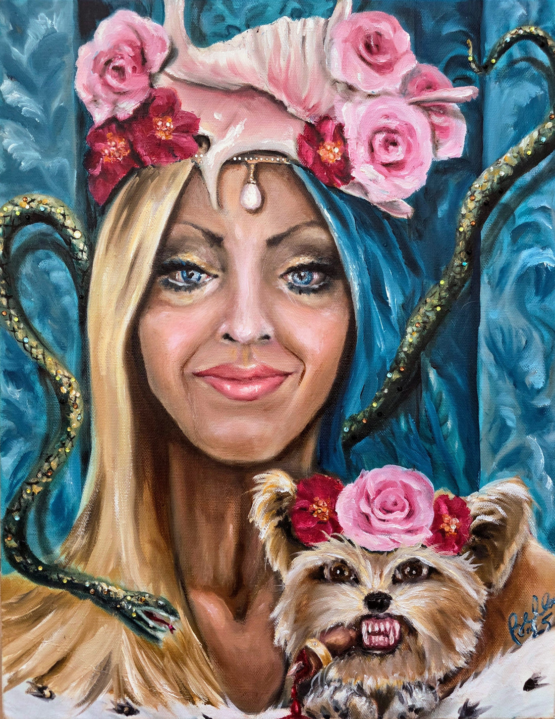 Sovereignty — original oil painting by Bella Disruptor. A self-portrait with Pebbles the Yorkie, who holds a severed finger in her mouth.