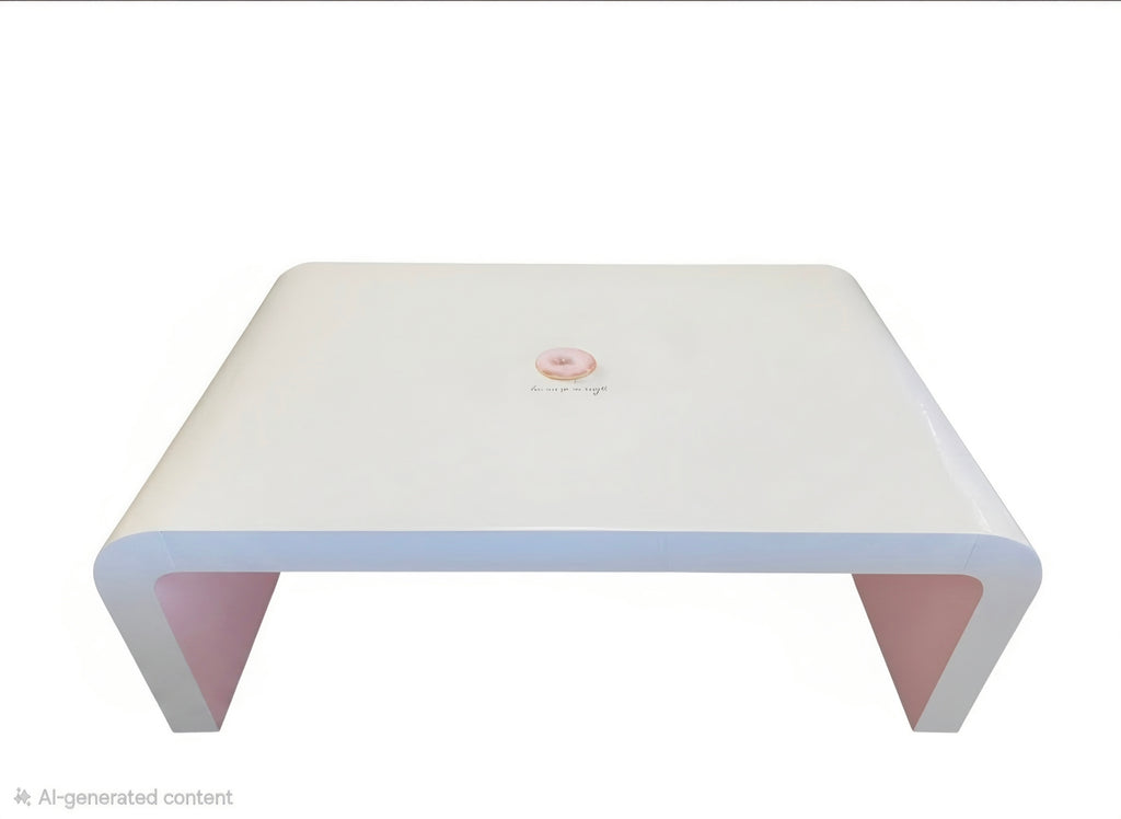 Waterfall cocktail table — high-gloss white lacquer with blush pink accents