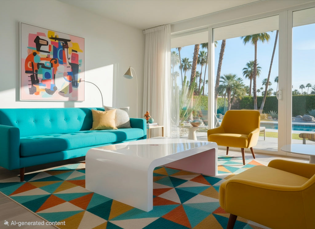 Waterfall cocktail table styled in mid-century modern living room