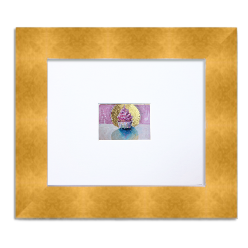 Pink Cupcake with Gold Leaf Halo — Original ACEO Mini Painting
