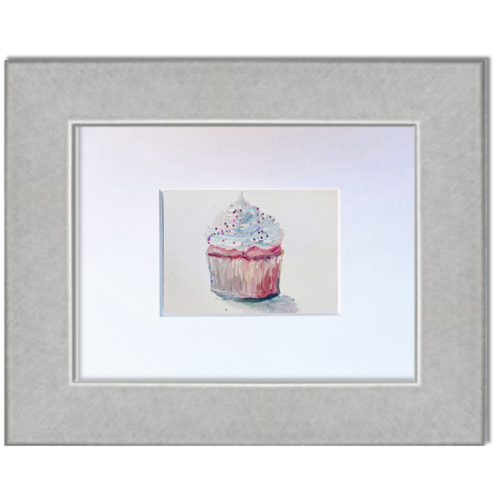 Pink Cupcake with Sparkly White Icing – Original ACEO Miniature Oil Painting