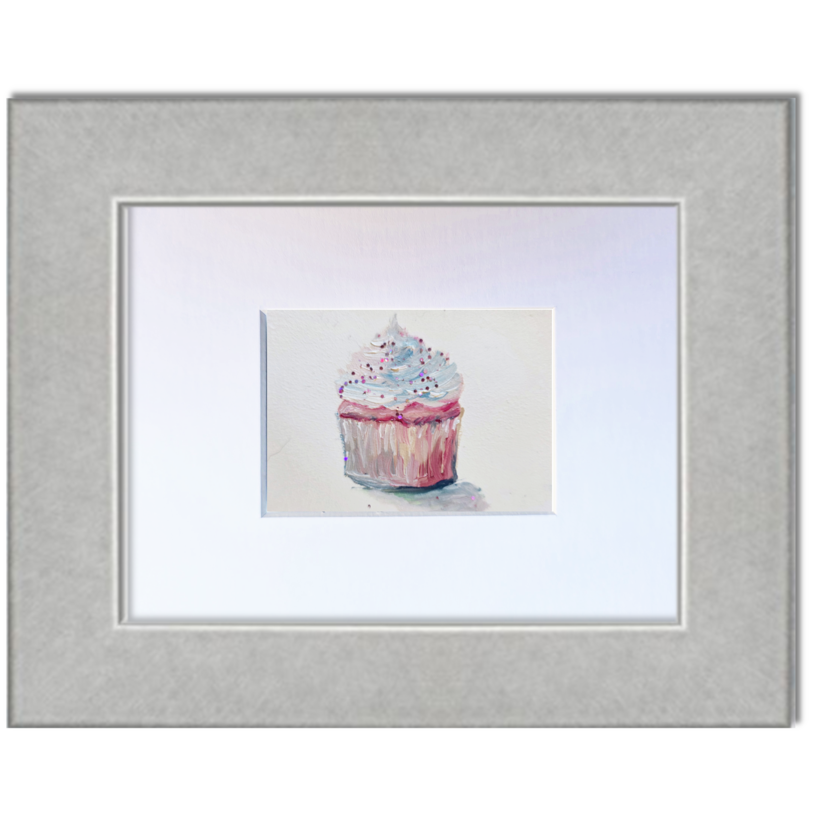 Pink Cupcake with Sparkly White Icing – Original ACEO Miniature Oil Painting