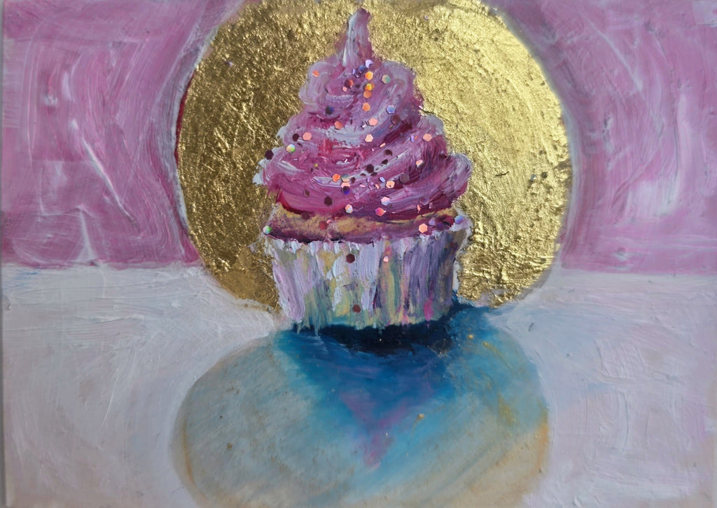 Pink Cupcake with Gold Leaf Halo — Original ACEO Mini Painting