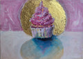 Pink Cupcake with Gold Leaf Halo — Original ACEO Mini Painting