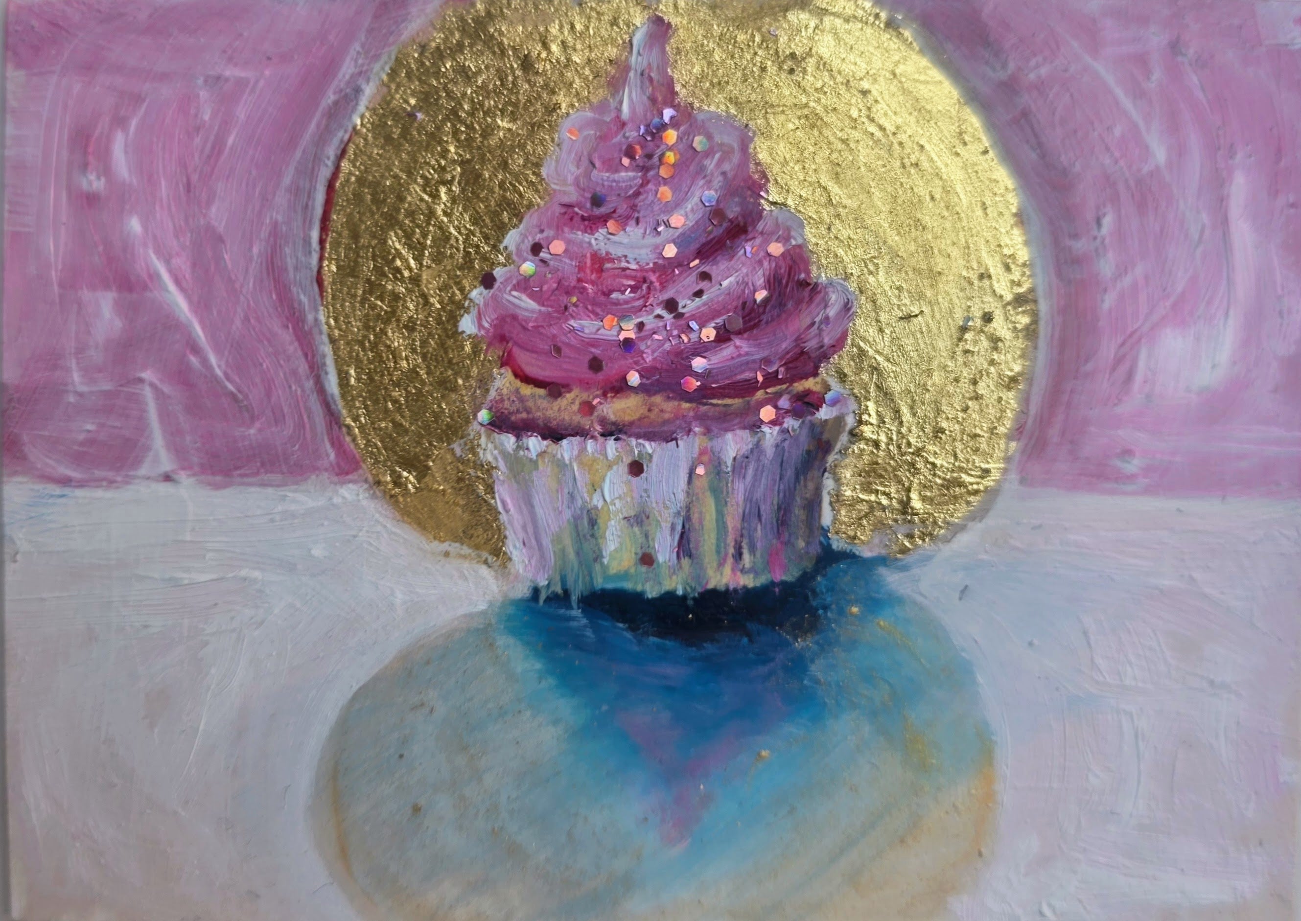 Pink Cupcake with Gold Leaf Halo — Original ACEO Mini Painting