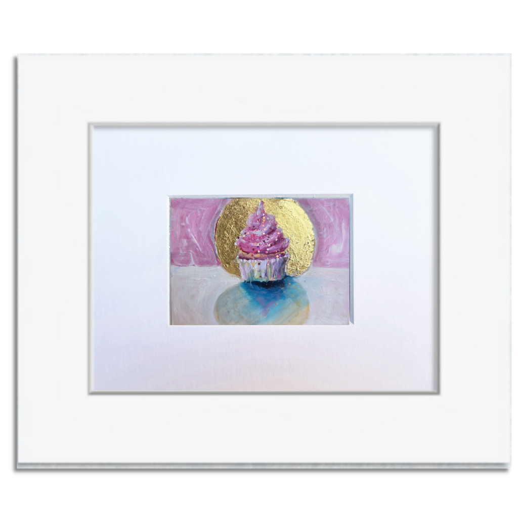 Pink Cupcake with Gold Leaf Halo — Original ACEO Mini Painting