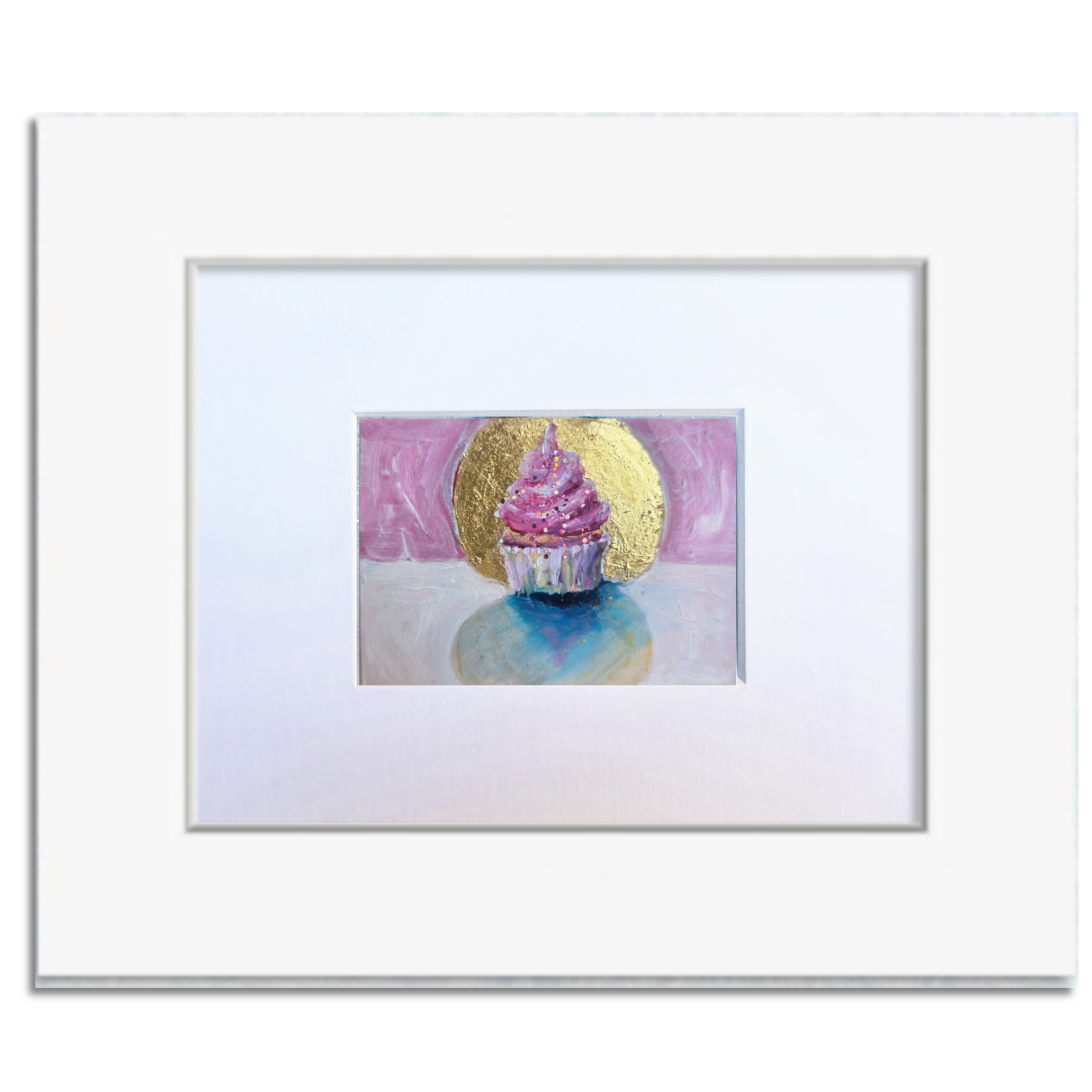 Pink Cupcake with Gold Leaf Halo — Original ACEO Mini Painting