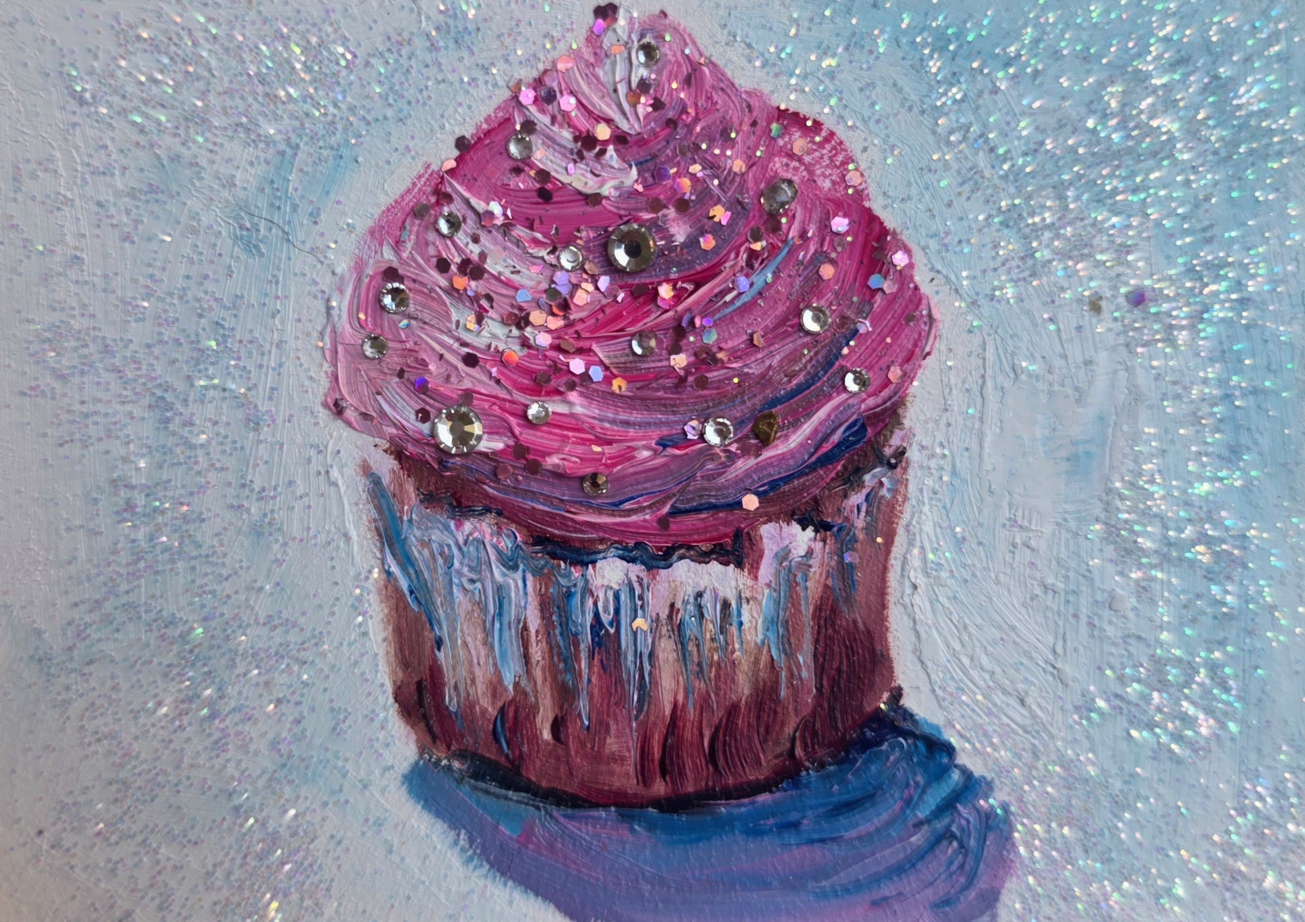Pink Glitter Frosted Cupcake — Original ACEO Mini Painting