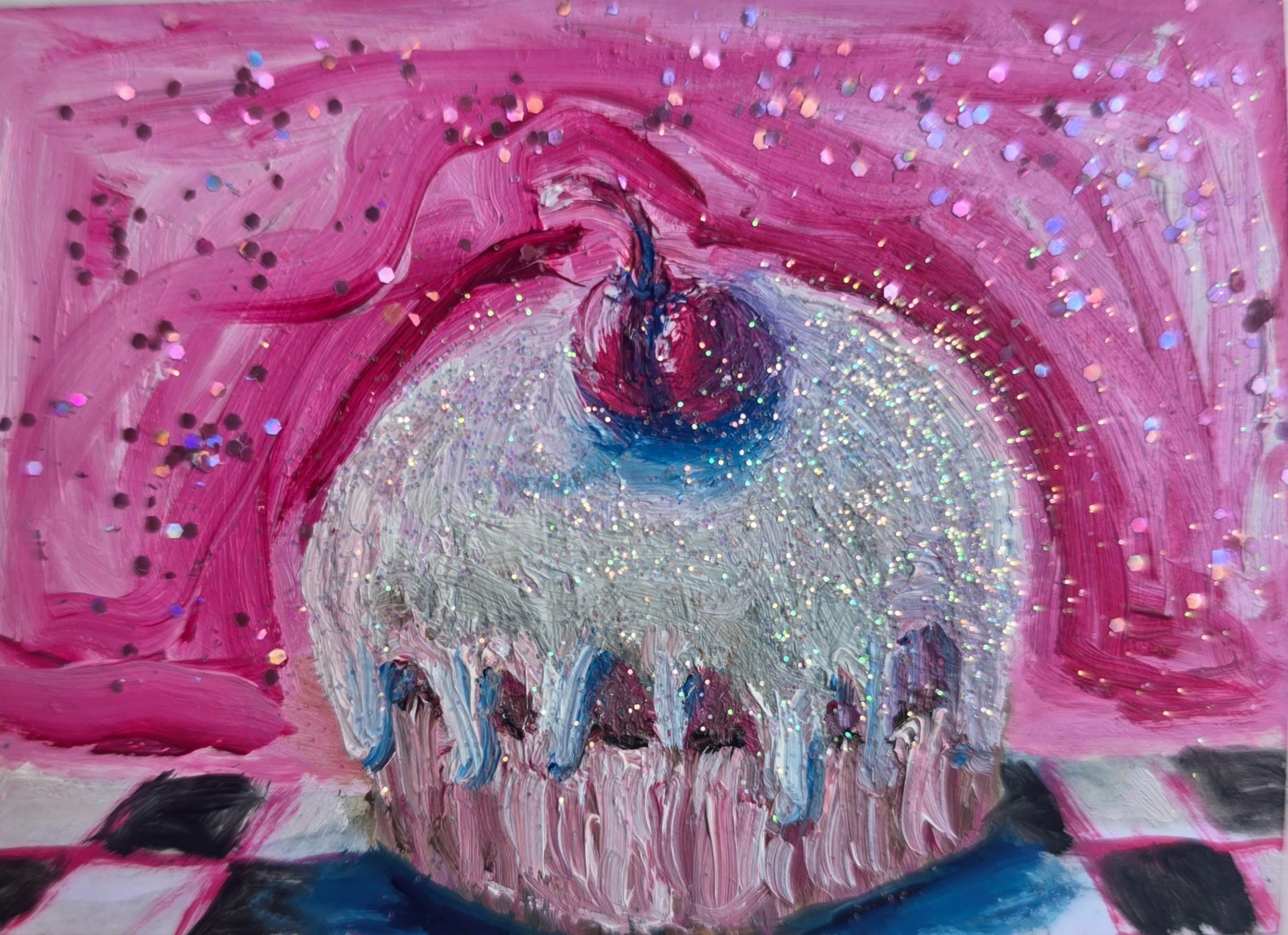 Snowball Cupcake with Cherry — Original ACEO Mini Painting