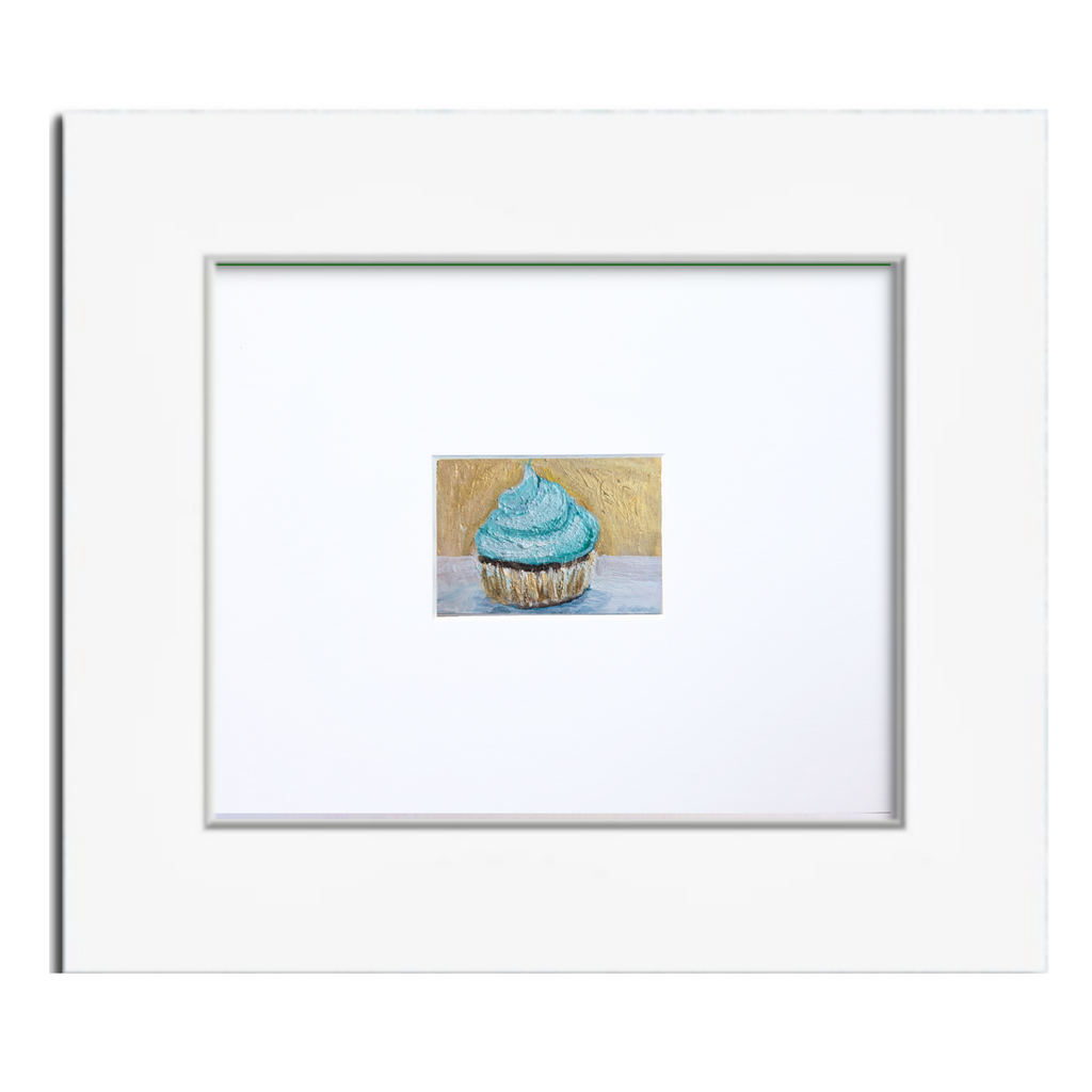 Turquoise Cupcake with Gold Background – Original ACEO Miniature Oil Painting