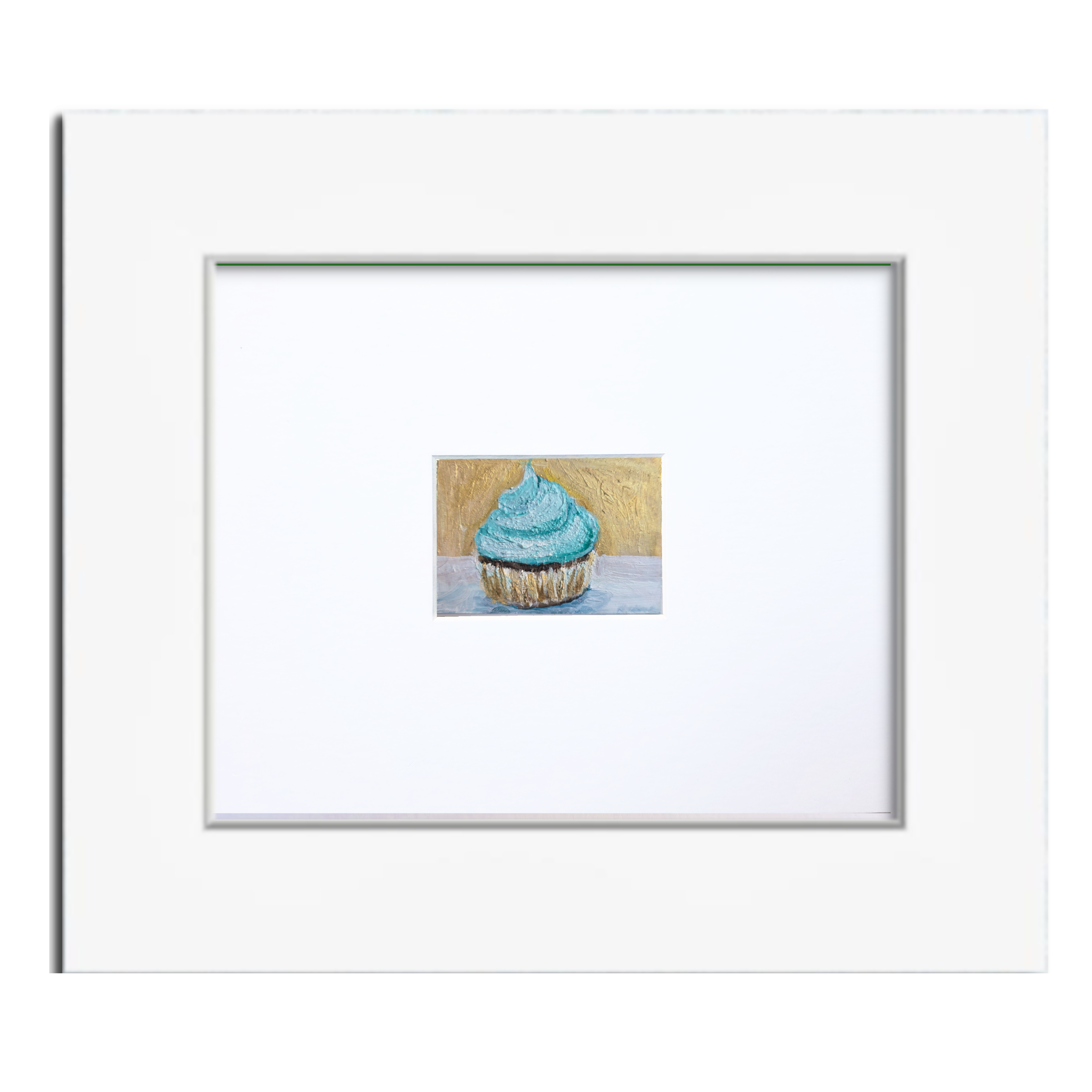 Turquoise Cupcake with Gold Background – Original ACEO Miniature Oil Painting
