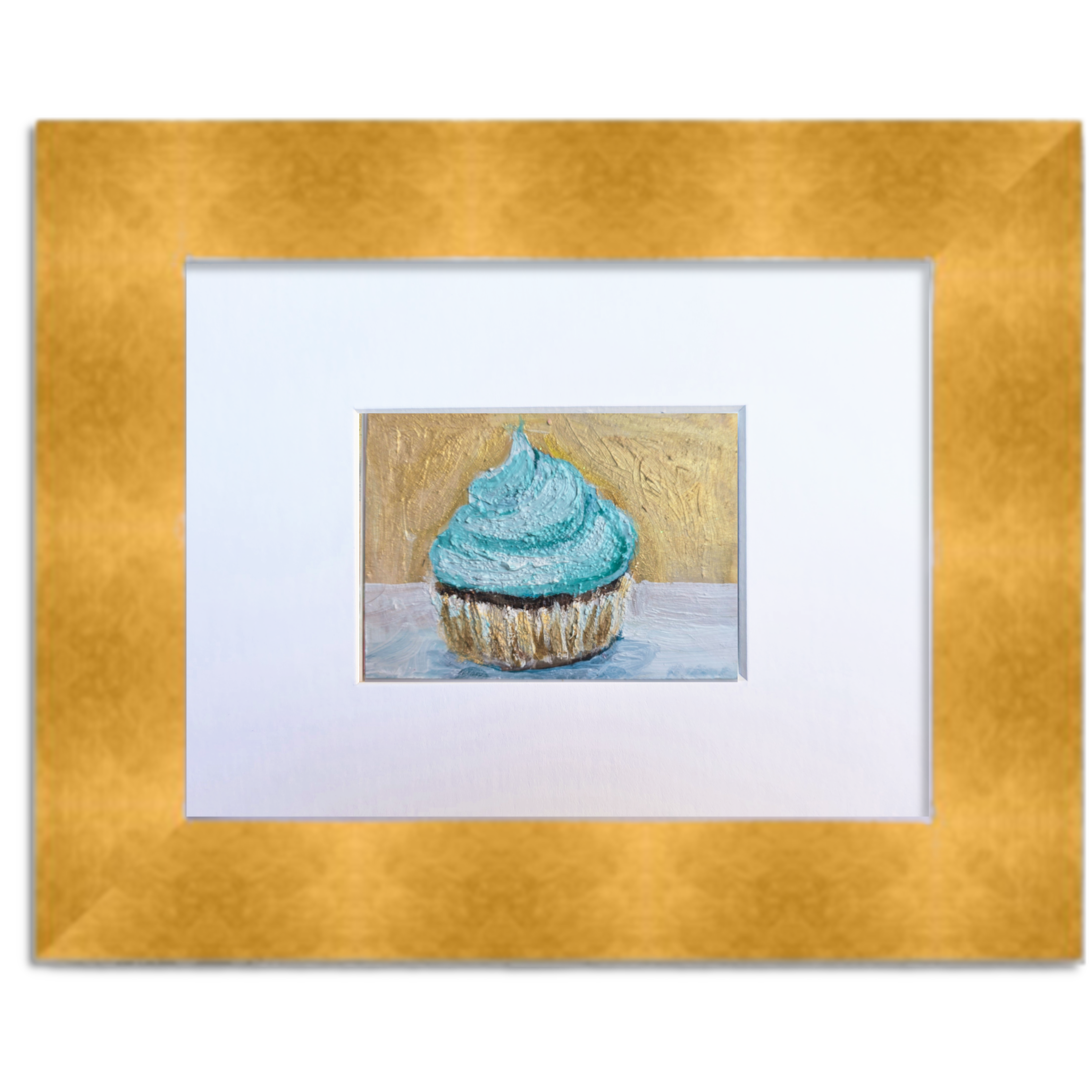 Turquoise Cupcake with Gold Background – Original ACEO Miniature Oil Painting