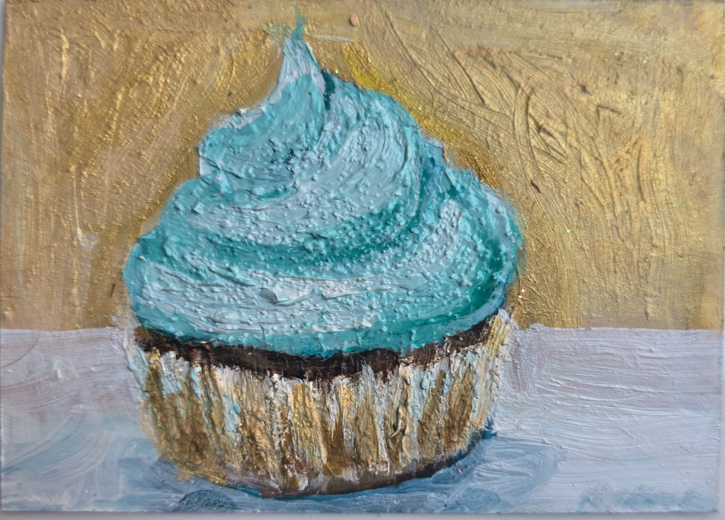 Turquoise Cupcake with Gold Background – Original ACEO Miniature Oil Painting